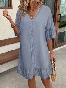 EMERY ROSE Various Designs Lace Trim Collar & Cuff Splicing Ruffled Hem Women Dress - Grey - View 5