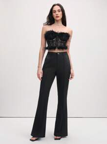 SHEIN LUNE Women Professional Black Business Trousers With Flared Rhinestone Decor