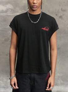 ROMWE MEN Street Life Men's Letter Print Round Neck Casual Loose Tank Top - Black - View 11