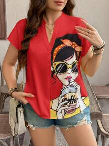 SHEIN LUNE 加大码女式图案短袖衬衫西部风波西米亚风90年代节日夏季外出春季波西米亚风复古风复活节春季海滩 - 紅色 - 查看 3