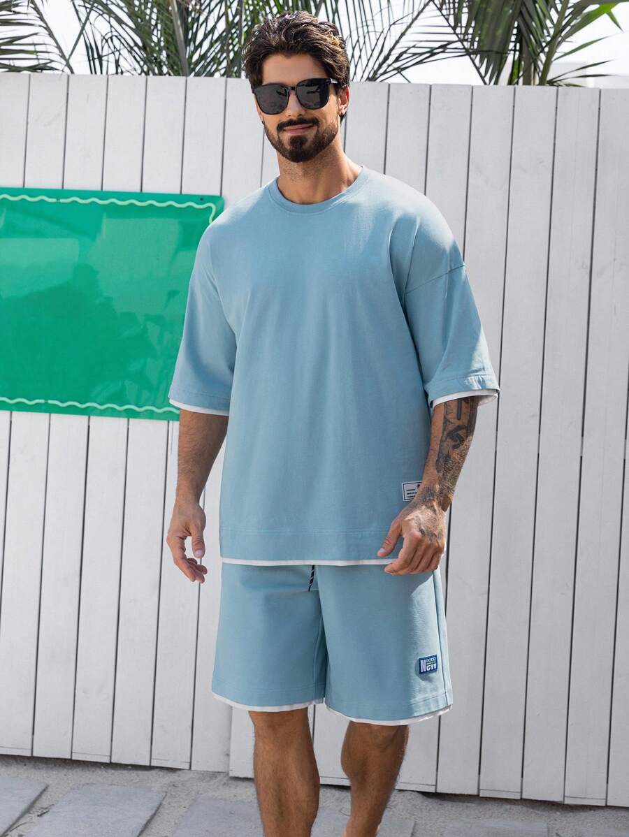 DAZY Summer Men Blue Splice T-Shirt Set - Blue - View 1