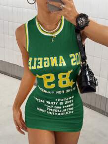 StreetHx Vestido mini deportivo de mujer con superposición de malla, bloque de color e impresión de texto en inglés - Multicolor - Ver 4