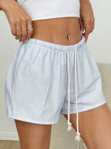 Flirla Pantaloncini casual in cotone 100% a righe rosa e bianche, vita bassa con cordoncino, dritti e morbidi, design minimalista alla moda, adatti per primavera ed estate, per donna