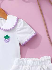 SHEIN Baby Girl Casual Strawberry Embroidery Short Sleeve Top With A-Line Skirt Set, Spring/Summer - White - View 7
