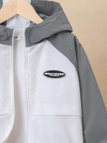 SHEIN Tween Boy 1pc Letter Patched Detail Raglan Sleeve Hooded Thermal Lined Coat - Grey - View 3
