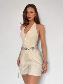 Roylia 1 件女士休闲吊带连身裤 - 卡其色 - 查看 6