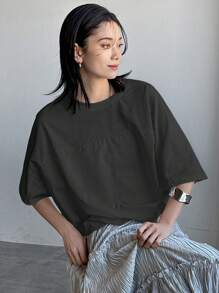 Áo cánh dơi rộng rãi màu trơn đơn giản cho nữ - màu đen - Xem 2