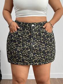 SHEIN EZwear Große Größen Sommer Lässig Leopard Muster Denim Rock kurz