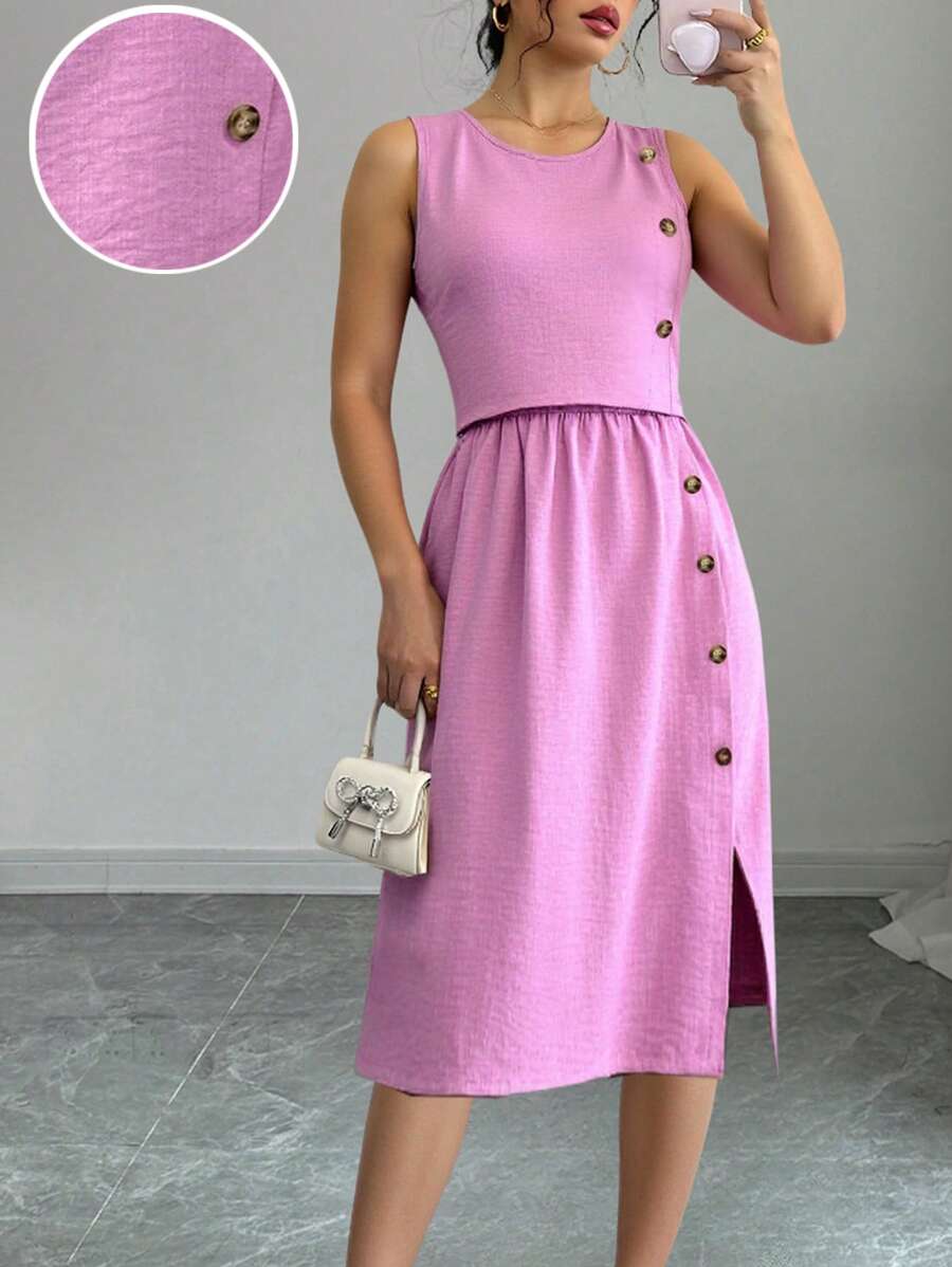 EMERY ROSE 2 stuks/set dames effen knoopontwerp mouwloze blouse en minirokset