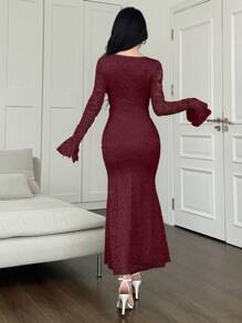 Modelyn Đầm suông đuôi cá tay loe phối ren chắp vá thanh lịch gợi cảm cho nữ - Màu Đỏ Sâu - Xem 2