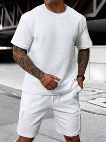 Manfinity Homme Ensemble t-shirt à col ras-du-cou unicolore à manches courtes et short cargo taille avec cordon pour homme
