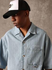 SUMWON Casual Denim Overshirt Button Down Short Sleeve Work Wear Summer Spring Relaxed Fit Vintage Style Classic Urban Streetwear Top - Light Wash - View 3