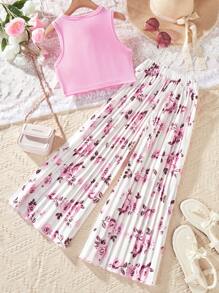 SHEIN 女童 2 件套：纯色圆领吊带背心和花卉印花褶皱长裤 - 粉色 - 查看 2