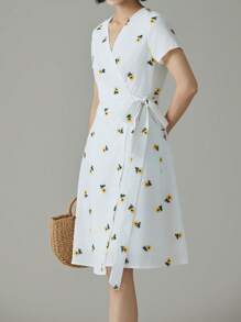 EMERY ROSE 女士花卉印花交叉 V 领短袖侧结中长连衣裙