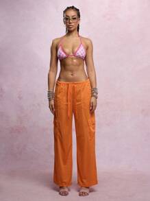 SUMWON WOMEN Beach Cover Up Mesh Cargo Pants Wide Leg Drawstring Waist Summer Vacation Resort Wear Pool Party Lounge Pull-On Trousers - Orange - View 5