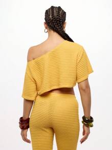 SUMWON WOMEN Áo choàng hở vai trễ vai, dáng rộng, chất liệu dệt kim tổ ong, đồ mặc ở nhà, đồ bơi đi biển, kỳ nghỉ hè - Màu vàng - Xem 2