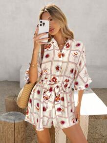 Vivid Eden Women's Sun Print Batwing Sleeve Waist Tie Casual Shirt Romper,Vacation Outfits For Women, - Multicolor - View 3