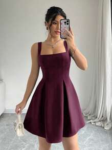 Elenzga Women's Casual Summer Holiday Plain Low-Cut Waist Cinched Dress Mini Short Women Outfit - Redwood - View 6