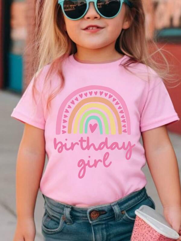 SHEIN 1pc Young Girl' Casual Cute Rainbow Heart Birthday Girl Slogan Graphic Round Neck Short Sleeve T-Shirt, Birthday Gift & Party Wear