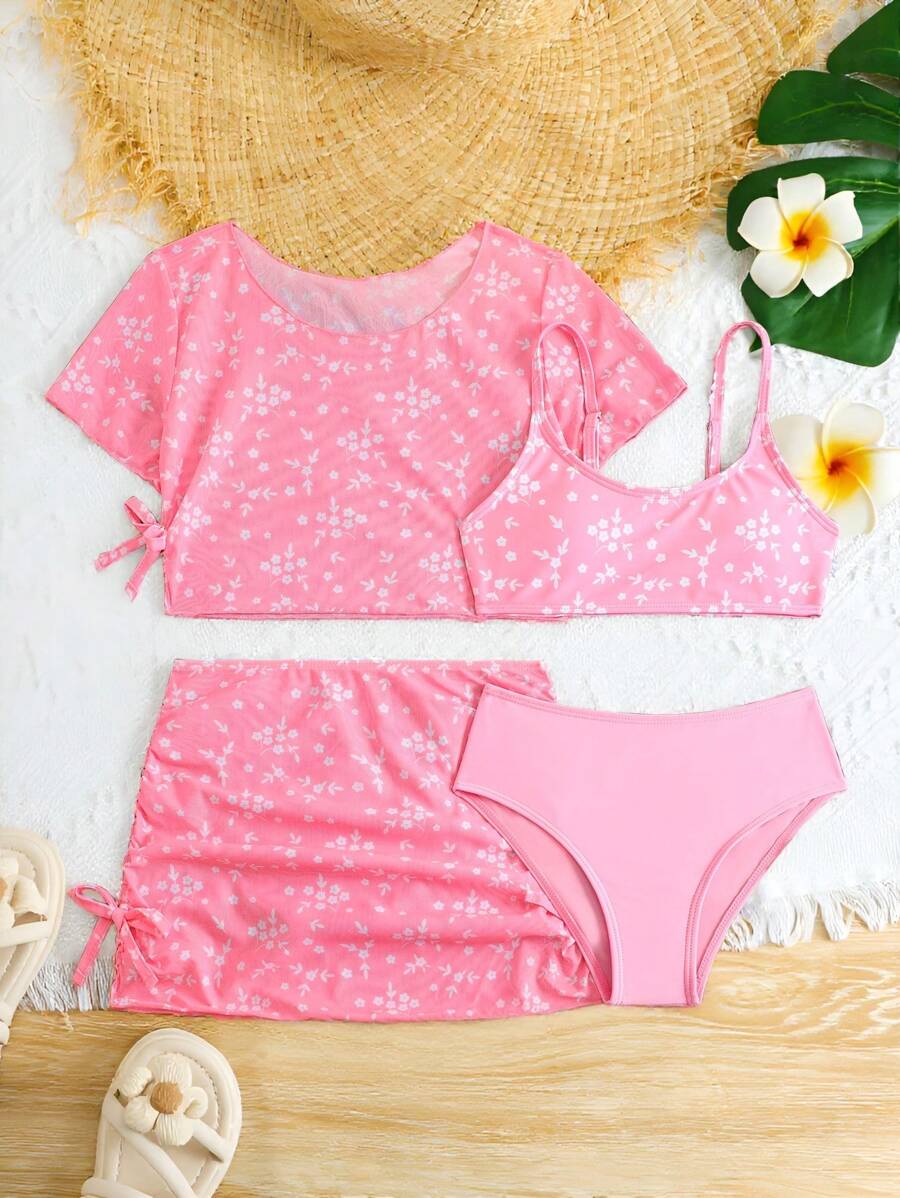 Tween Girl Floral Print Swimsuit Set - Pink - View 1