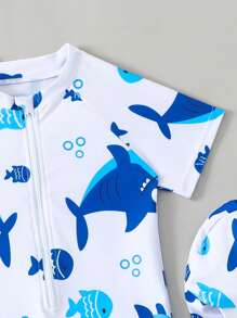 Fish Printed One-Piece Boy's Swimwear - Multicolor - View 3