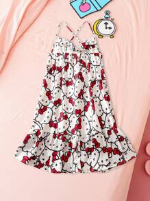 HELLO KITTY AND FRIENDS | SHEIN Tween 女童休闲舒适卡通猫咪印花连身裙 - 紅白色 - 查看 2