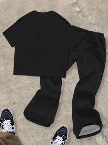 SHEIN 2 Stücke/Set Teenager Jungs Lässig Grafik T-Shirt und ausgestellte Jogginghose Outfit, geeignet für Frühling und Sommer - Verschiedenfarbig - Übersicht 2