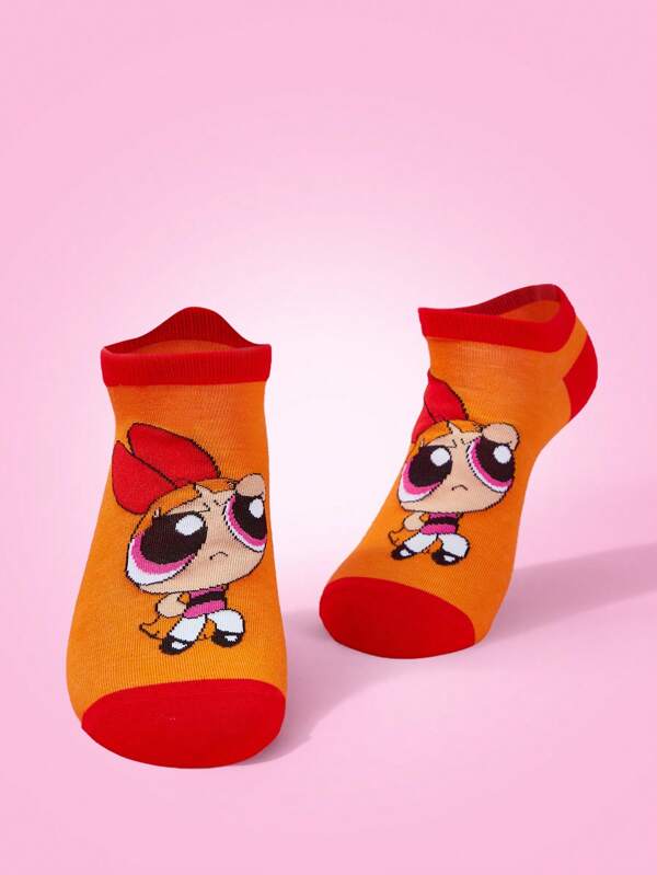 THE POWERPUFF GIRLS X SHEIN 1 par de calcetines cortos de mujer con patrón de flor y bloques de color