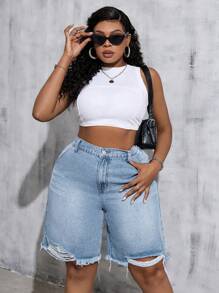 SHEIN Tall CURVE 女士加大码蓝色牛仔破洞口袋休闲短裤，夏季、度假女士、复活节、春季、西部风、女士办公室、狂欢派对、迎婴派对、乡村风、乡村女士、女士、纳什维尔、毕业典礼、女士西部装、Y2K 服装、Y2K、假日、教堂女士、机场 - 藍色 - 查看 4