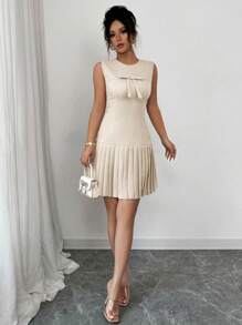 Elenzga Đầm không tay thắt nơ nhún eo phong cách Pháp thanh lịch đa năng - Màu be - Xem 3