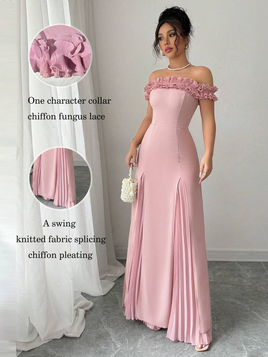 Elenzga 露肩荷叶边修腰 A 字形荷叶边下摆拼接雪纺褶皱优雅浪漫女式连衣裙 - 藕粉色 - 查看 1