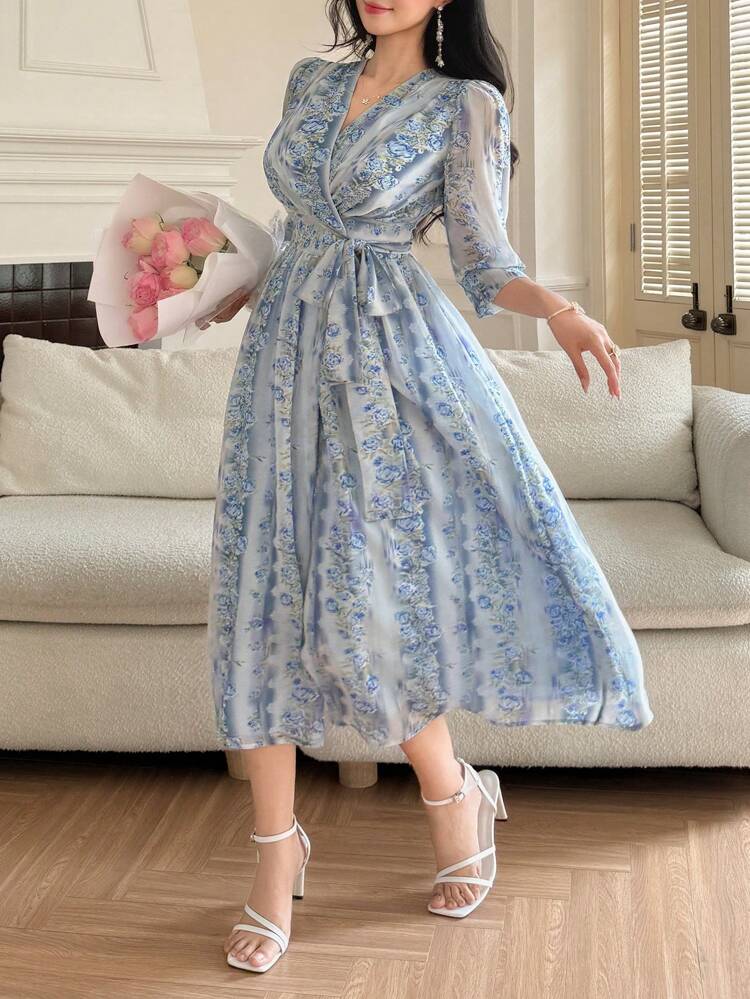 Floral Print Puff Sleeve Tie-Up Midi Dress For Women