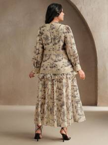 Anewsta Holiday, Casual, Festival, Vacation Elegant French Lace & Pearl Decor Flowy Long Sleeve Dress For Women - Apricot - View 6