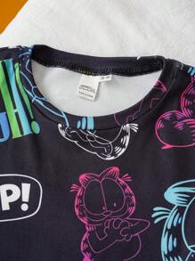 GARFIELD | SHEIN Tween Boy Cartoon Glow-In-The-Dark Full Print Cat Pattern Knit Crew Neck Top And Stretchy Shorts Pajama Set