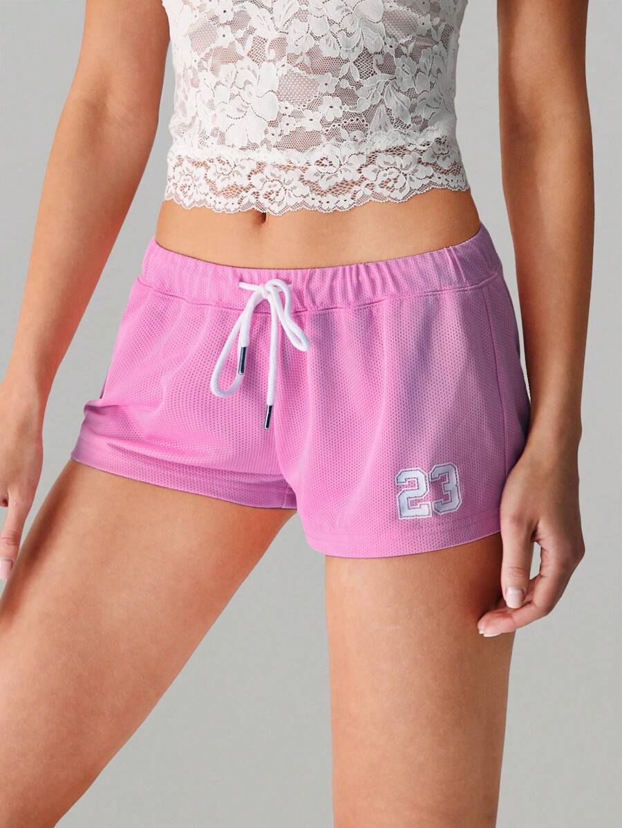 SHEIN Unity 女式简约字母印花网眼低腰短裤,春夏 - 淺粉色 - 查看 1