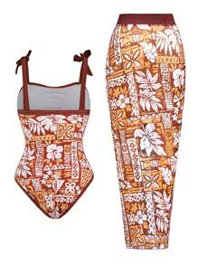 Swim Oasis Plus Size New Fashion Women Multicolor Printed Bandeau Monokini Slim-Fit One-Piece Swimsuit, Mesh Cover Up Wrap Skirt With Tie-Up Vacation/Casual Beachwear For Summer - Multicolor - View 2