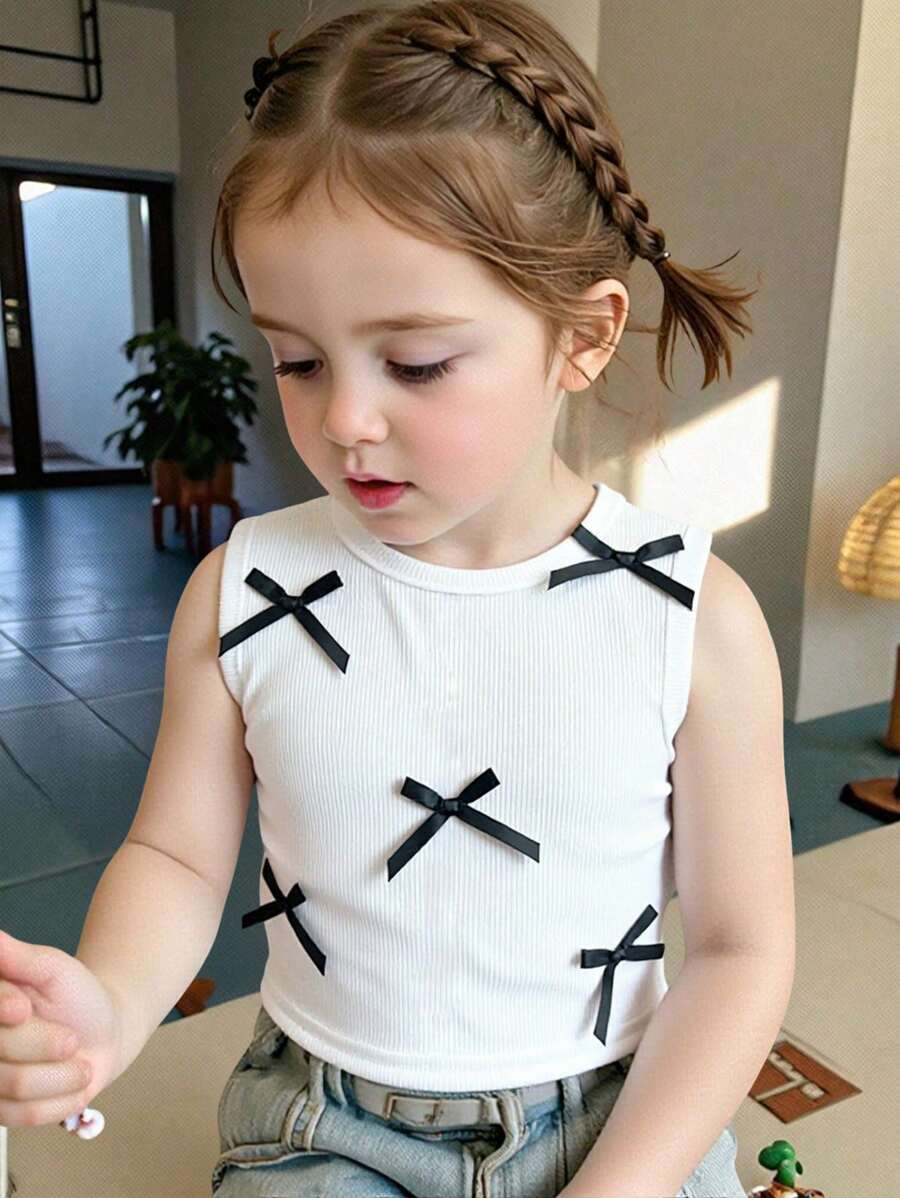 SHEIN Camisola blanca de punto con lazo y espalda descubierta, versátil y casual para niña pequeña en verano - Blanco - Ver 1