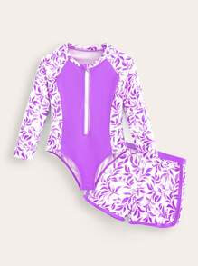 New Stylish Girls Kid's Printed One-Piece Swimsuit - Purple - View 1