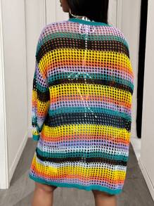 Slaydiva 大码度假海滩彩色条纹镂空针织开衫