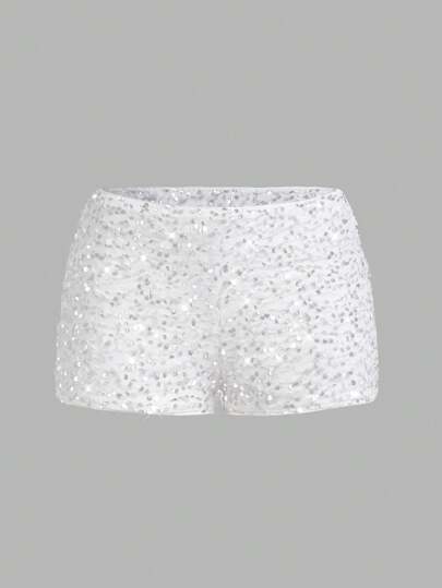 SHEIN ICON Sexy Sequin Shorts For Party, Nightclub, Back To School Season White