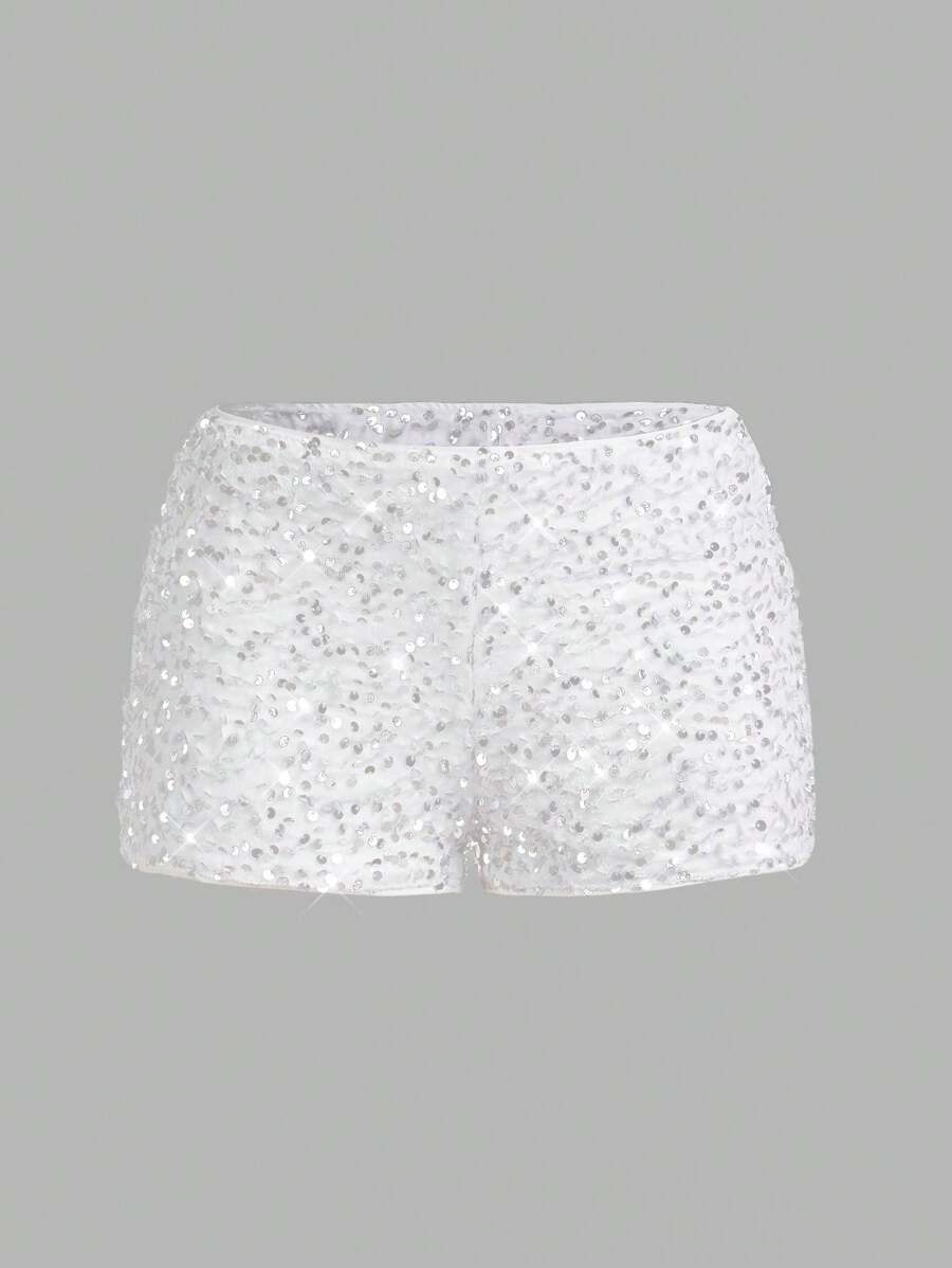 SHEIN ICON 适合派对、夜店和返校季的性感亮片短裤 - 白色 - 查看 1