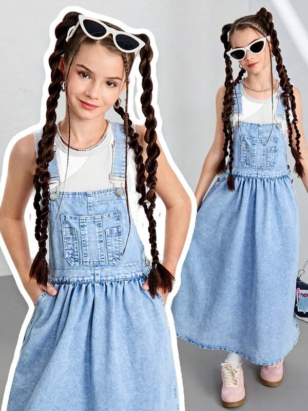Loose Fit Faded Denim Jumper Dress With Pockets For Tween Girls, Adjustable Shoulder Strap Design, Casual & Simple Fashion