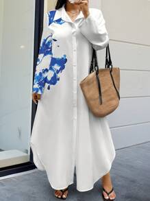 EMERY ROSE Random Print Plus Size Long Sleeve Dress Maxi Women Outfit - White - View 3