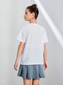 Tween Girls White Casual Loose Butterfly Print T-Shirt & Denim Wide Waistband Pleated Skirt Set, Versatile Simple Fashion Design For Daily Wear - Multicolor - View 2