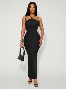 SHEIN SXY 大码女式春夏优雅性感日常基本款简约纯色露背长裙，适合日常穿着、西装