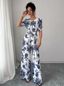 Elenzga Elegant Printed Crew Neck Short Sleeve Jumpsuit For Women