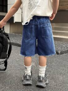 SHEIN Young Boy New Fashion Cross Graphic Print Ripped Frayed Loose Fit Wide Leg Blue Denim Bermuda Shorts,For Kids Spring/Summer And Daily Wear