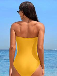 Swim Chiccia Damen einfarbiger geraffter Bandeau-Einteiler Badeanzug für den Strandurlaub