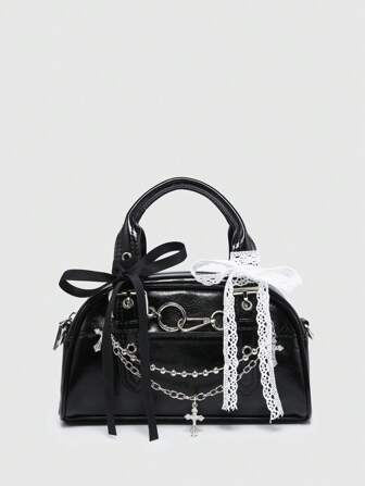 Kawaii Women's Cute Gothic Style Bow Cross Chain Decor Mini Hand Bag, Halloween, Halloween Bags Perfect For Fancy Party Matching With Halloween Costumes, Best Halloween Gifts For Women