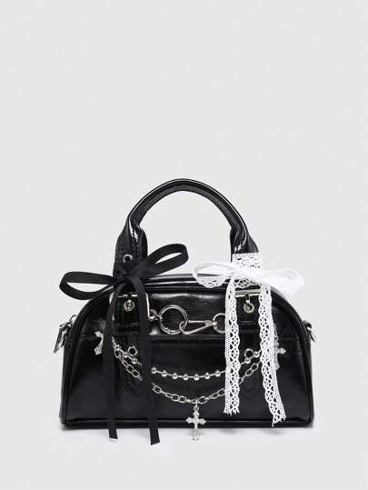 Kawaii Bolso de mano mini con decoración de cadena de cruz de lazo en estilo gótico lindo para mujer, perfecto para fiestas de Halloween, combina con disfraces de Halloween, mejor regalo de Halloween para mujeres